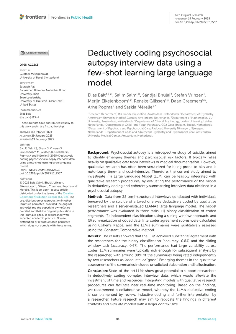 Deductive Coding of Psychosocial Autopsy Data Using LLM