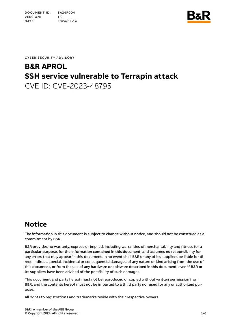 Cyber Security Advisory for B&R APROL Vulnerability