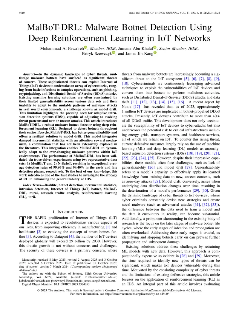 MalBoT-DRL: Malware Botnet Detection Using Deep Reinforcement Learning