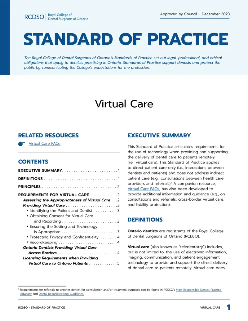 RCDSO Standard of Practice for Virtual Care