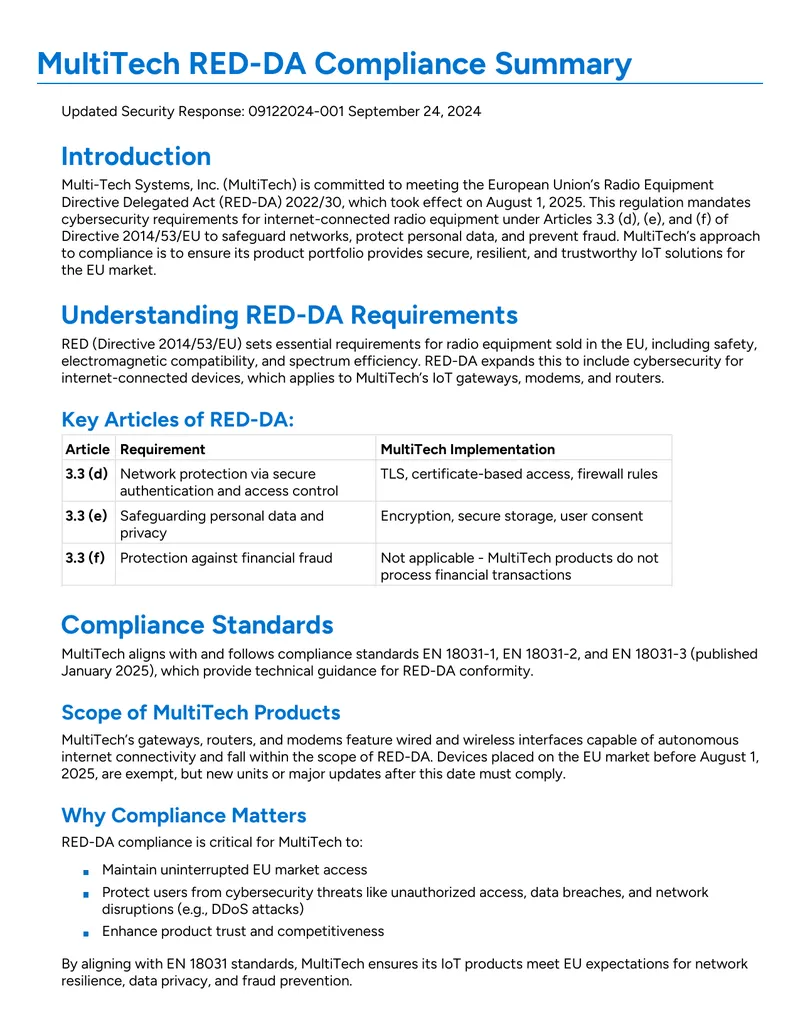 MultiTech RED-DA Compliance Summary