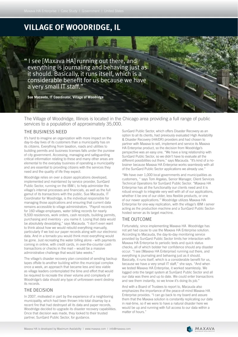 Maxava HA Enterprise Case Study for Woodridge