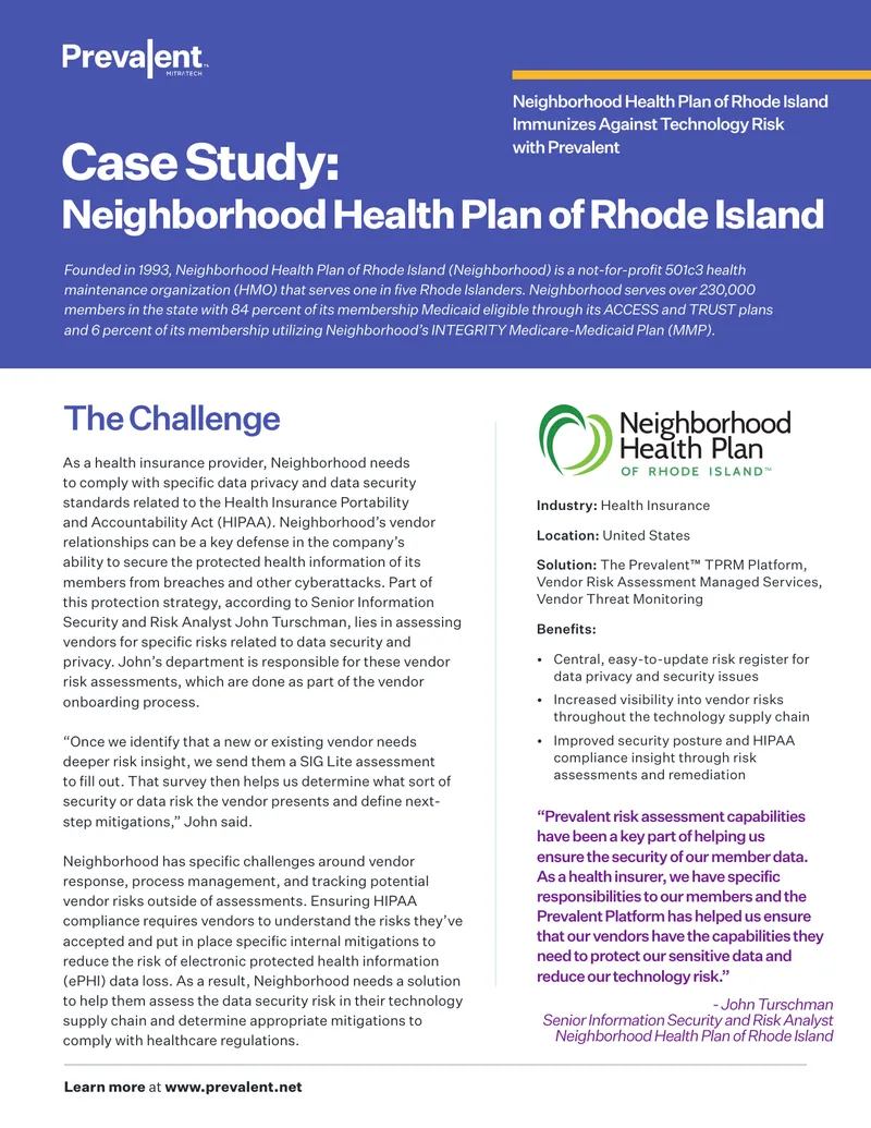 Neighborhood Health Plan of Rhode Island Vendor Risk Management Case Study