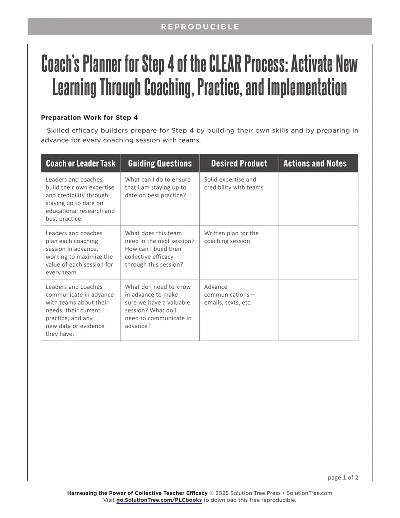 Coach’s Planner for Step 4 of the CLEAR Process