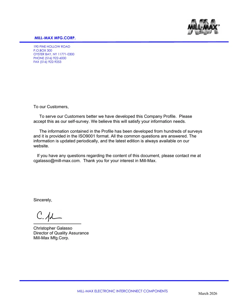 Mill-Max Mfg. Corp. Company Profile for Customer Surveys