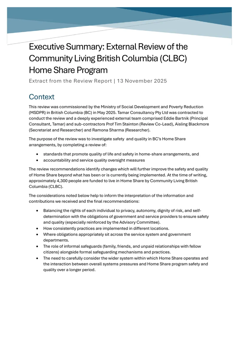 External Review of Community Living British Columbia Home Share Program