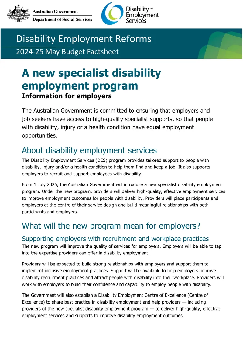 Disability Employment Reforms 2024-25 Budget Factsheet