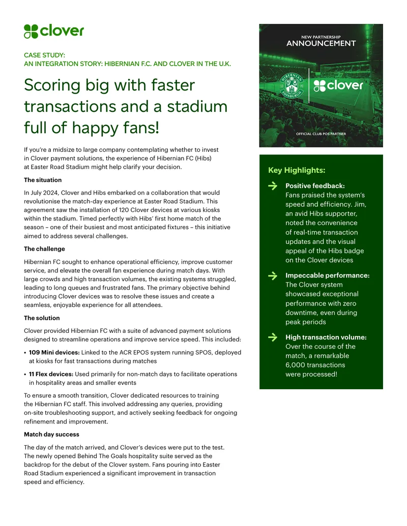 Integration of Clover Payment Solutions at Hibernian FC