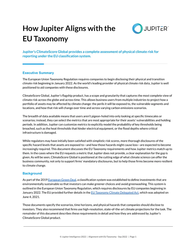 Jupiter's ClimateScore Alignment with EU Taxonomy