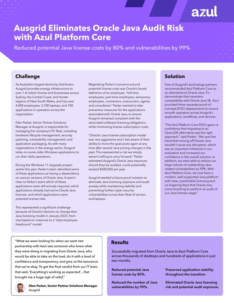 Ausgrid Eliminates Oracle Java Audit Risk with Azul Platform Core