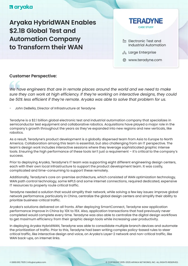 Teradyne Case Study on Aryaka HybridWAN Implementation