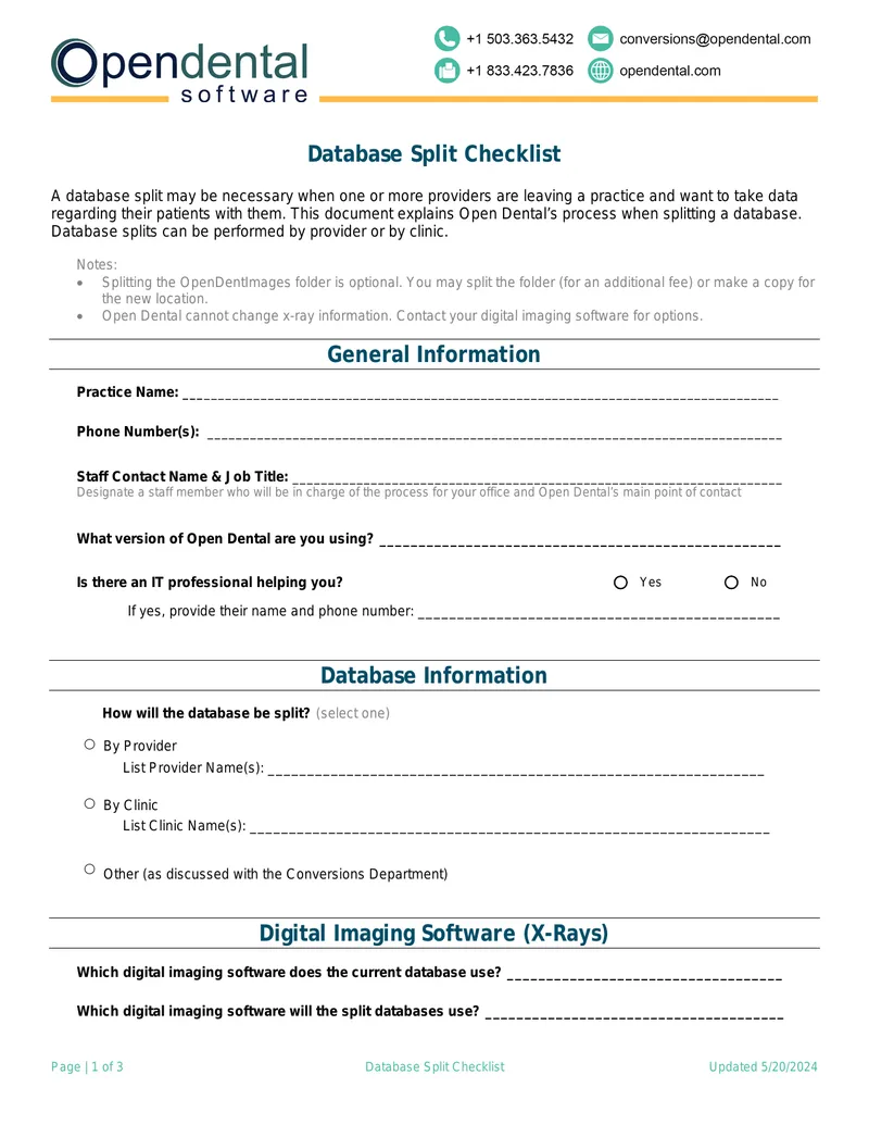 Database Split Checklist for Open Dental