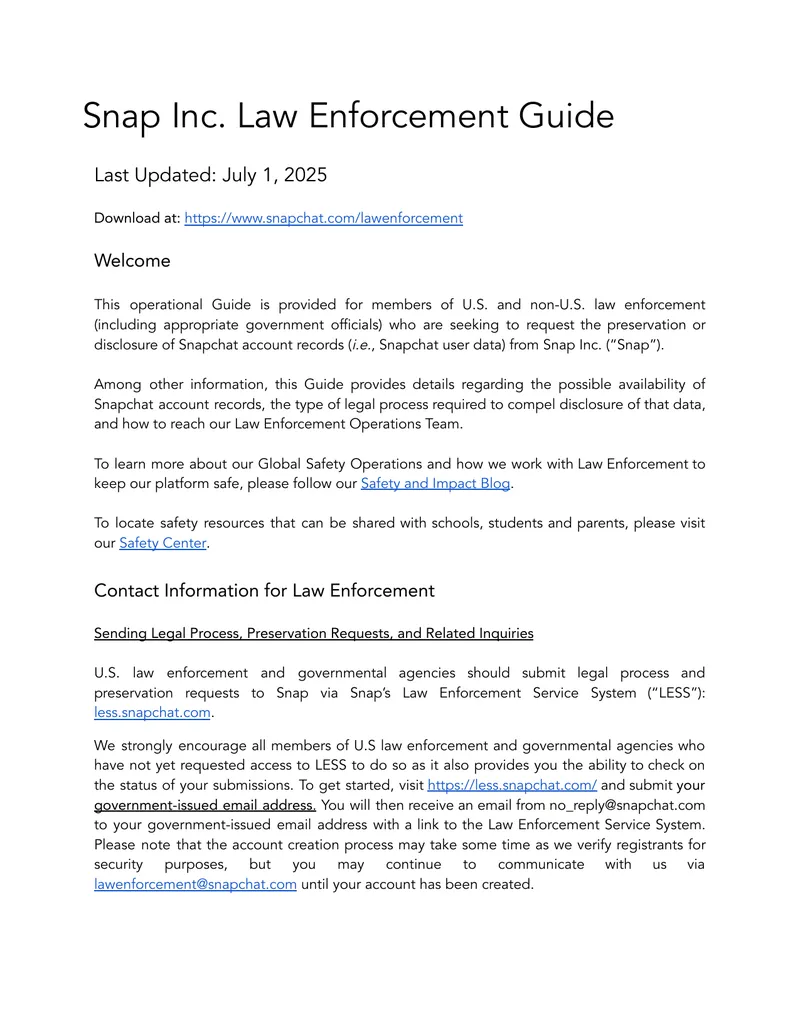 Snap Inc. Law Enforcement Operational Guide