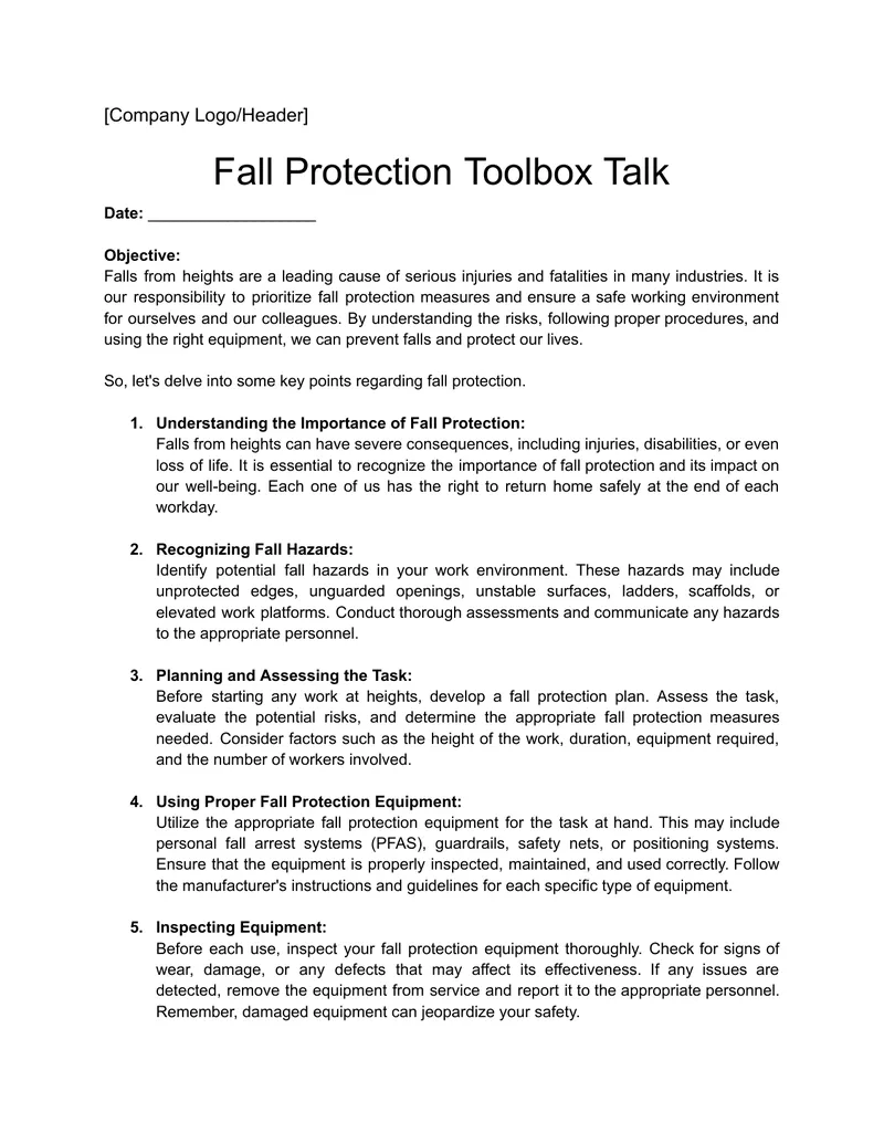 Fall Protection Toolbox Talk Guidelines