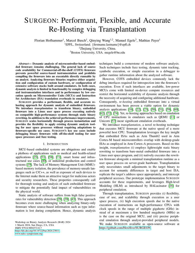 SURGEON: A Re-Hosting Technique for Embedded Firmware Analysis preview page 1