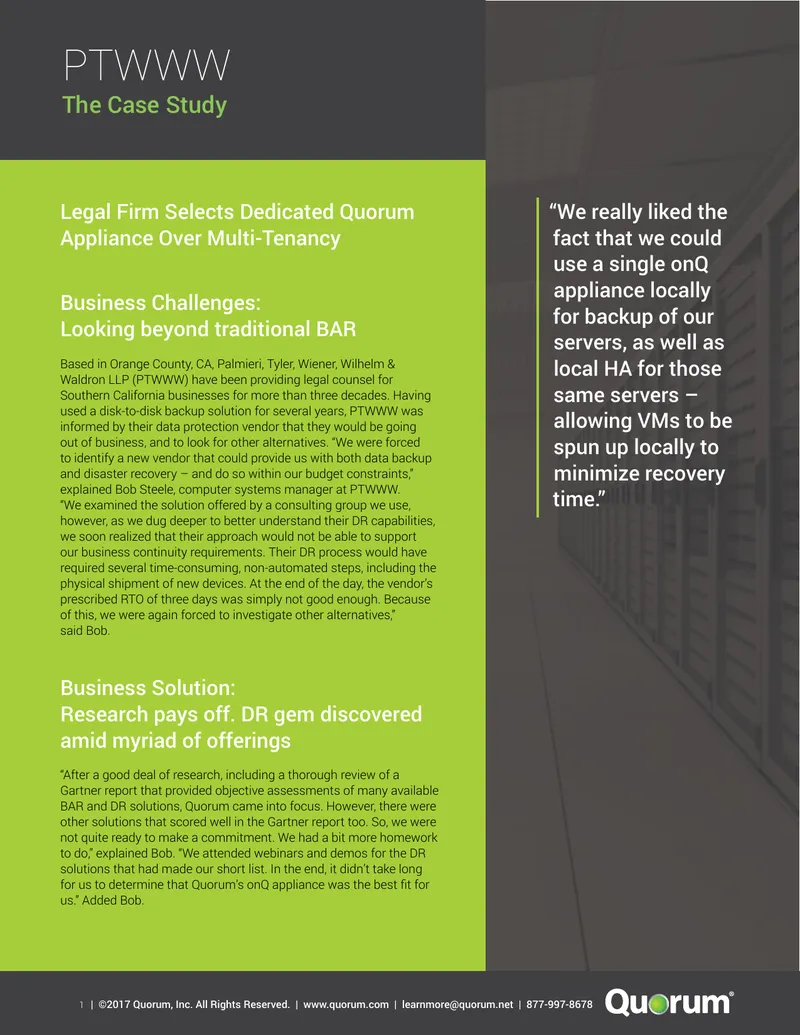 Legal Firm Selects Quorum Appliance for Disaster Recovery