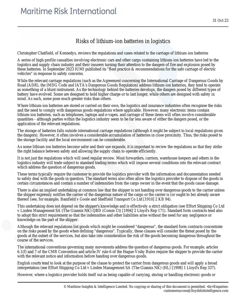 Risks of Lithium-Ion Batteries in Logistics