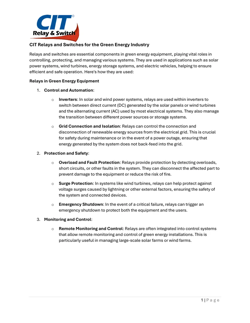CIT Relays and Switches in Green Energy Applications