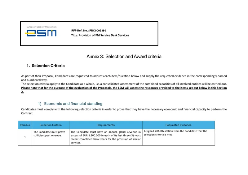 Provision of FM Service Desk Services Selection Criteria preview page 1