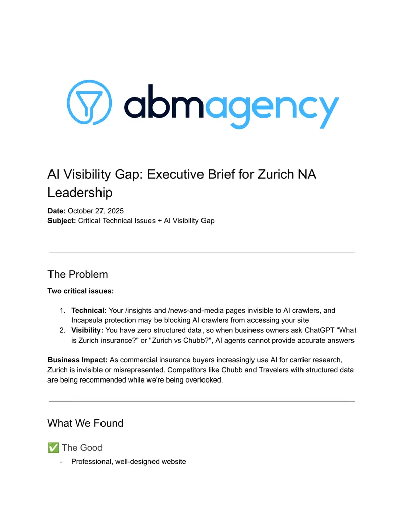 AI Visibility Gap Executive Brief for Zurich NA Leadership