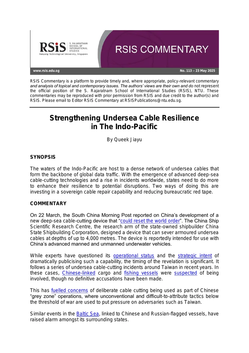 Strengthening Undersea Cable Resilience in The Indo-Pacific