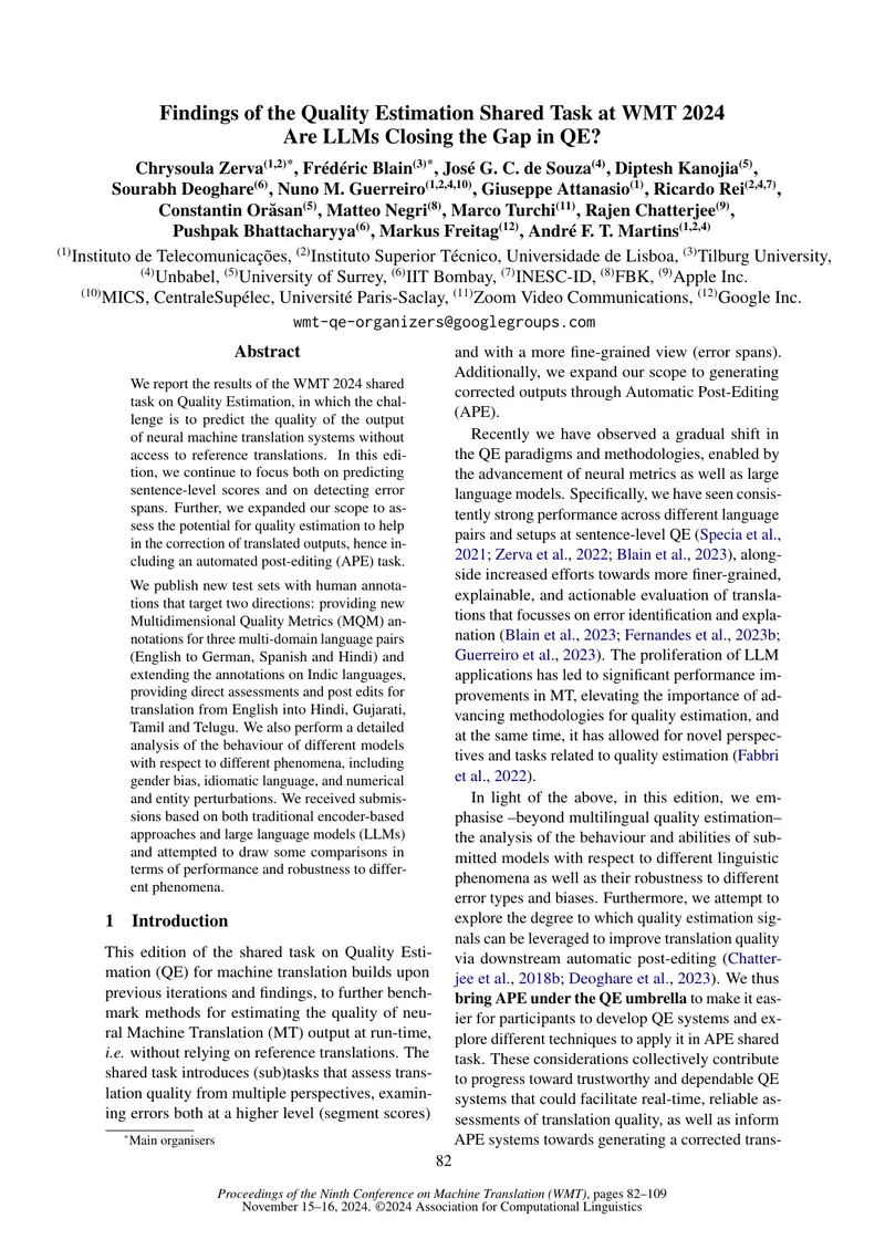 Findings of the Quality Estimation Shared Task at WMT 2024