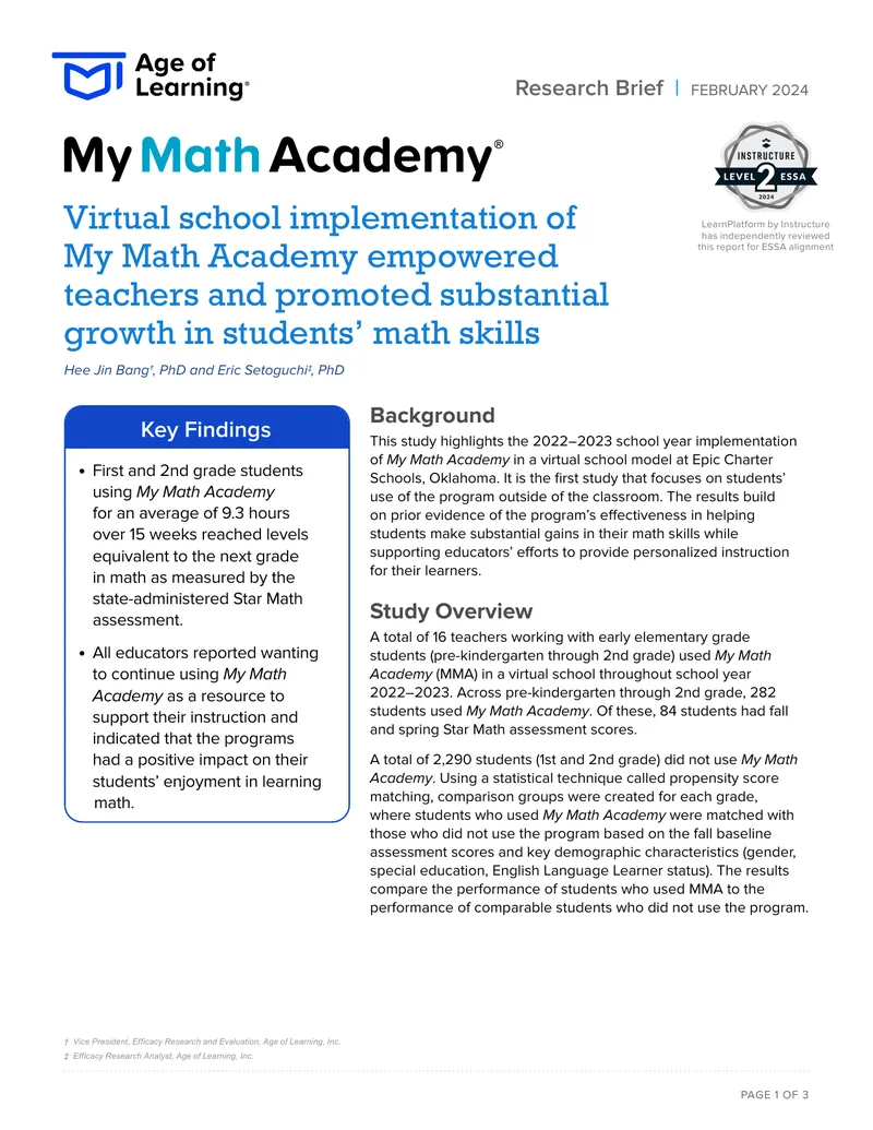 Impact of My Math Academy in Virtual Schools