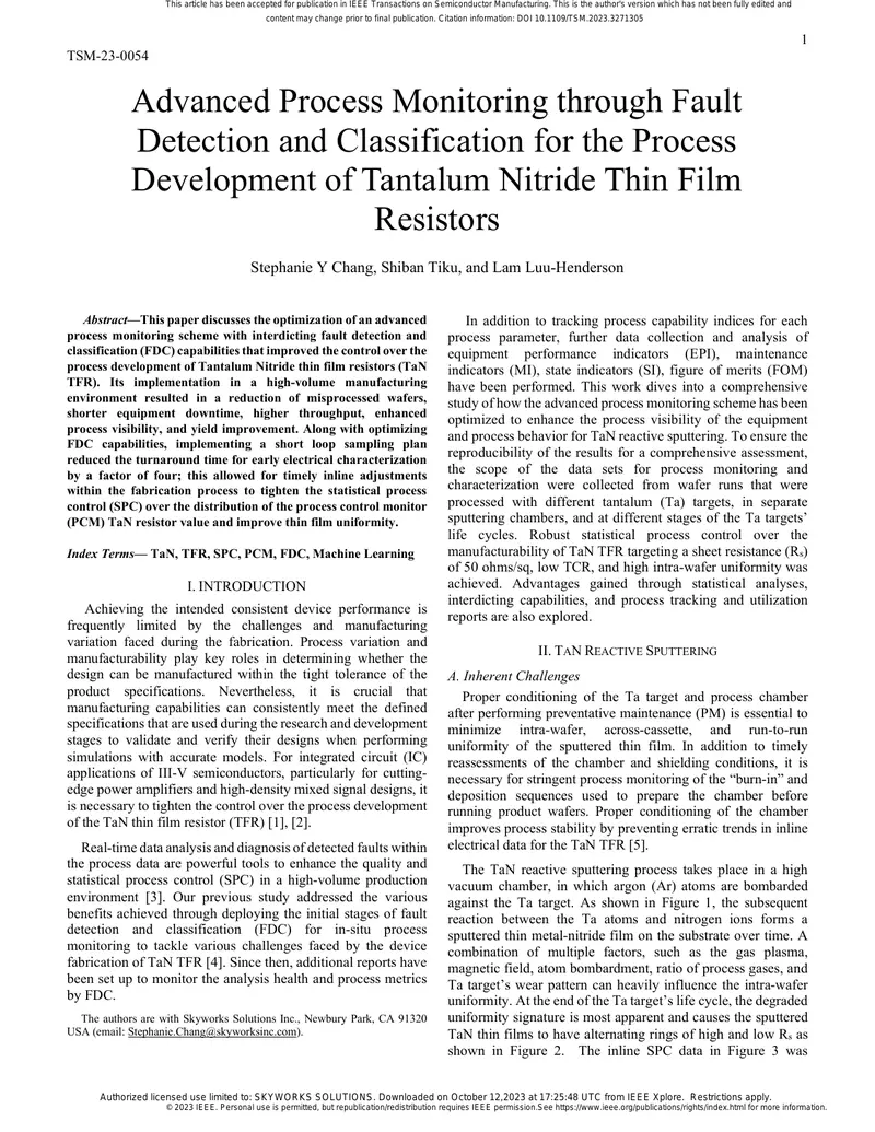 Advanced Process Monitoring for Tantalum Nitride Resistors