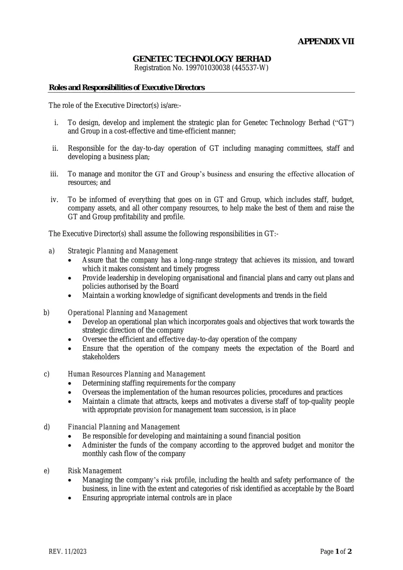Roles and Responsibilities of Executive Directors