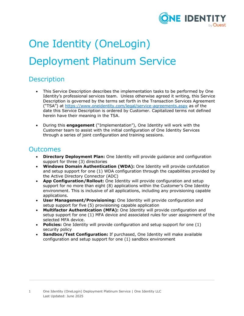 One Identity OneLogin Deployment Platinum Service Description