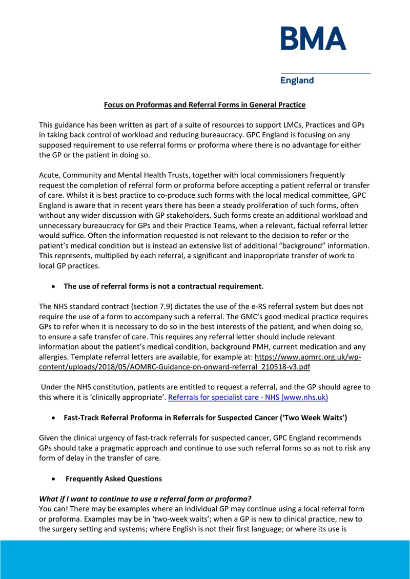 Guidance on Proformas and Referral Forms in General Practice