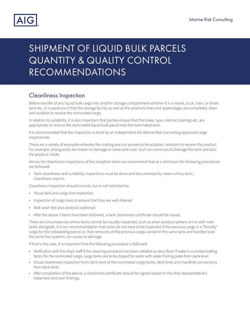 Shipment of Liquid Bulk Parcels Quality Control Recommendations
