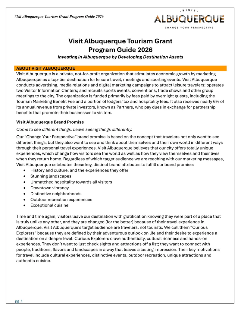 Visit Albuquerque Tourism Grant Program Guide 2026