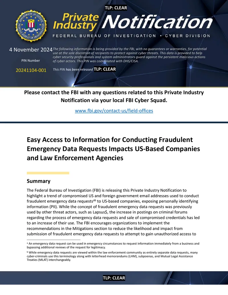 Private Industry Notification on Fraudulent Emergency Data Requests