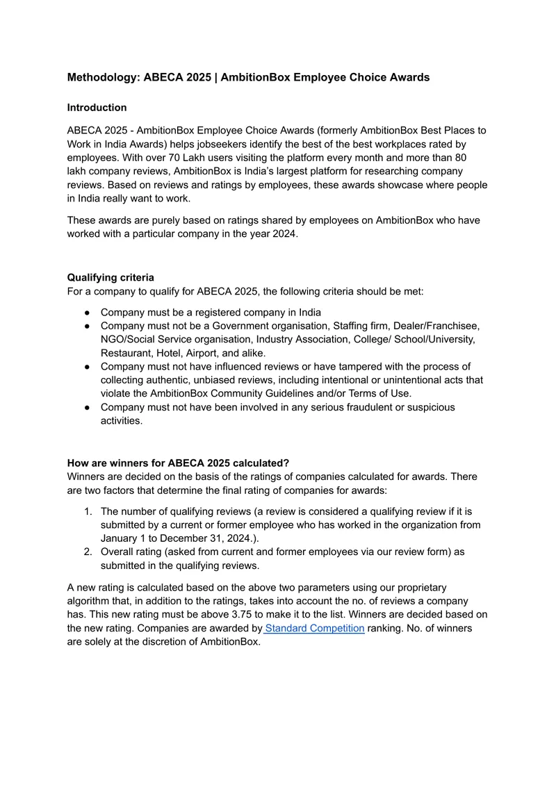 AmbitionBox Employee Choice Awards Methodology 2025
