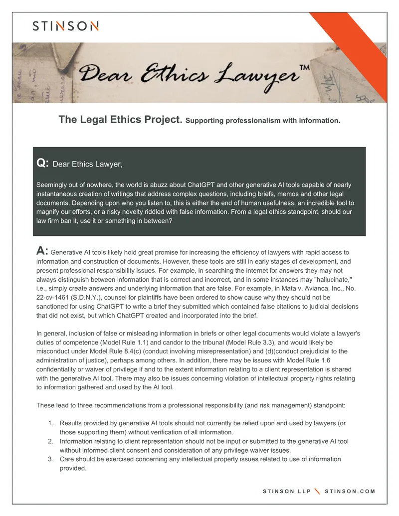 Legal Ethics Considerations for Generative AI Tools