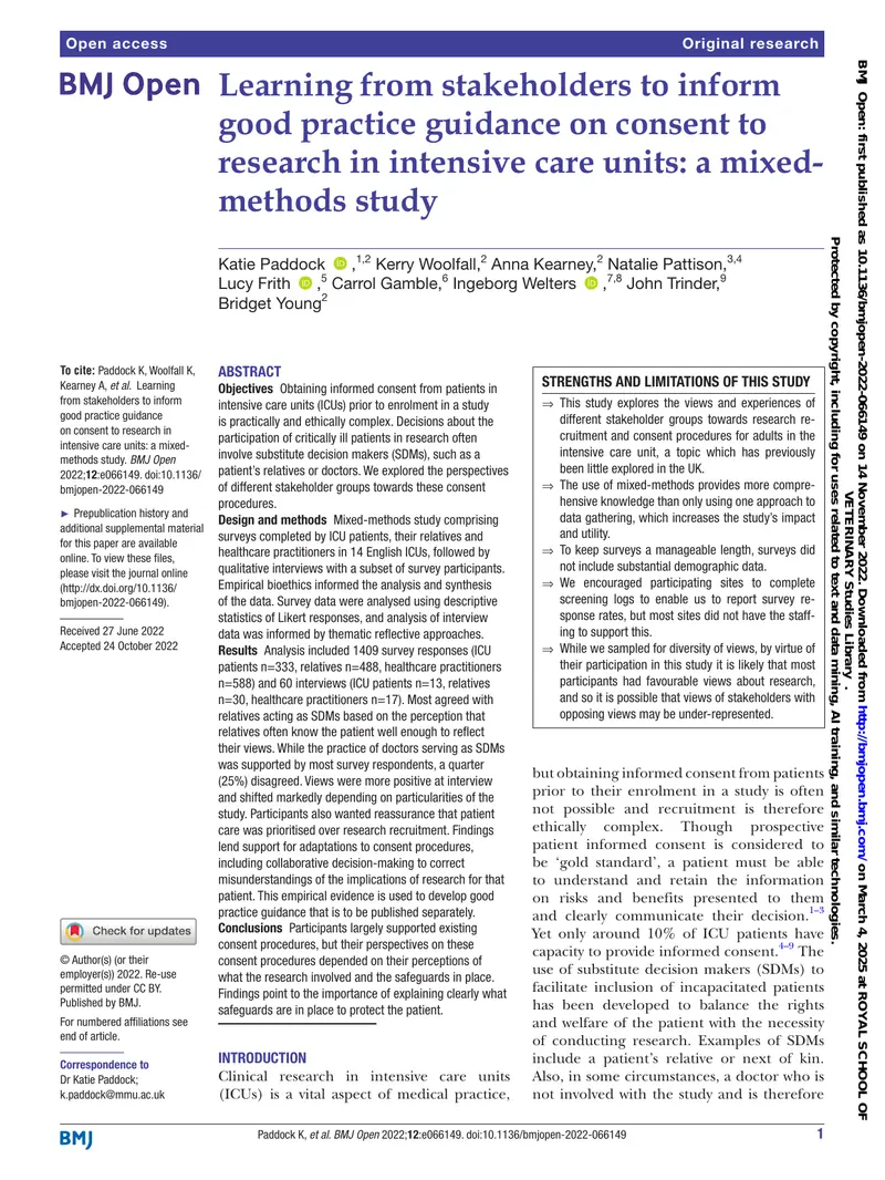 Good Practice Guidance on Consent in Intensive Care Research