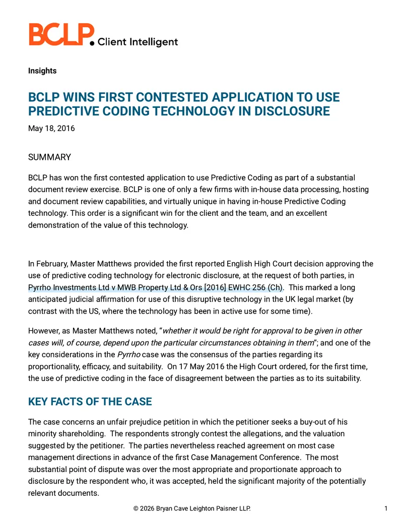 BCLP Wins First Contested Application for Predictive Coding