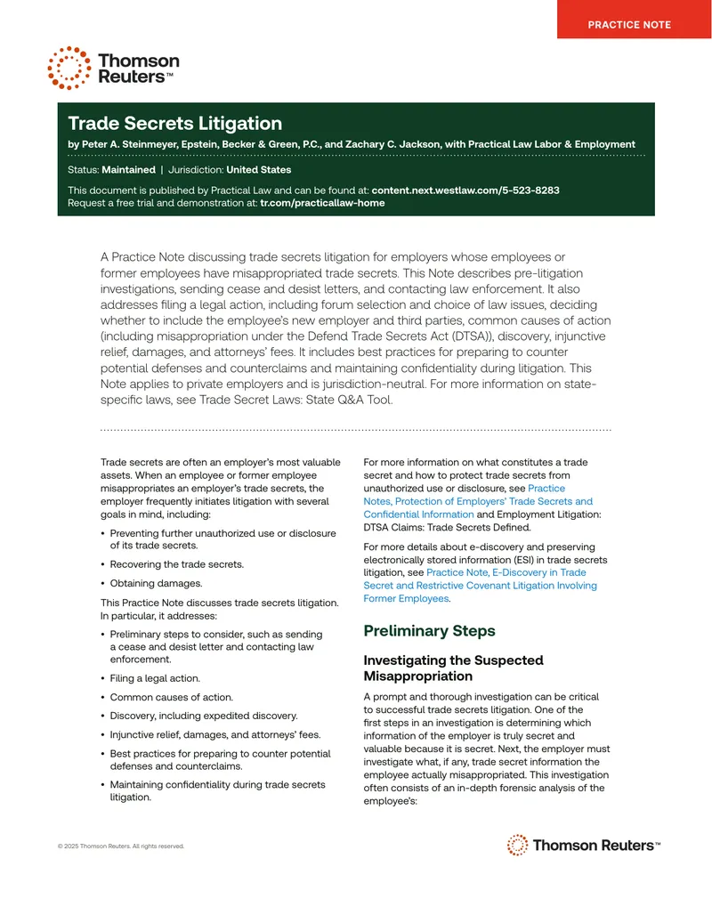 Trade Secrets Litigation Practice Note