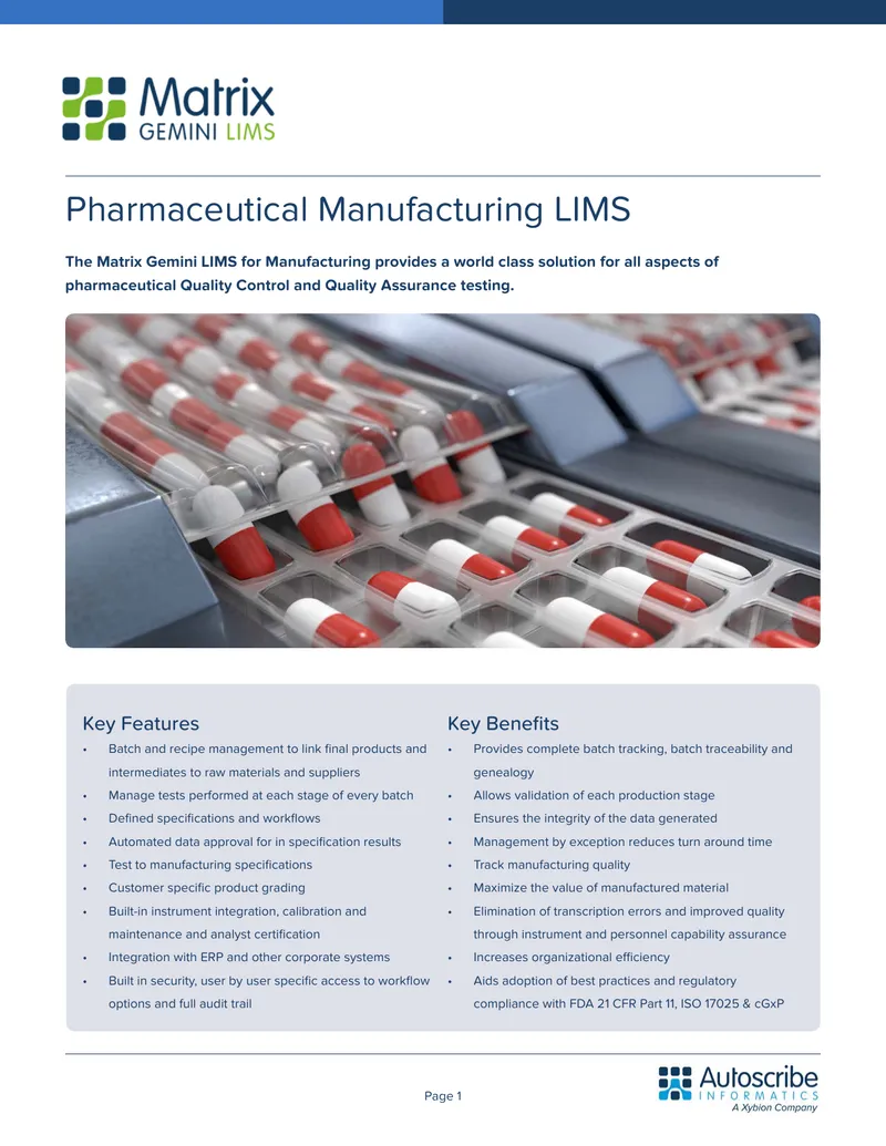 Matrix Gemini LIMS for Pharmaceutical Manufacturing