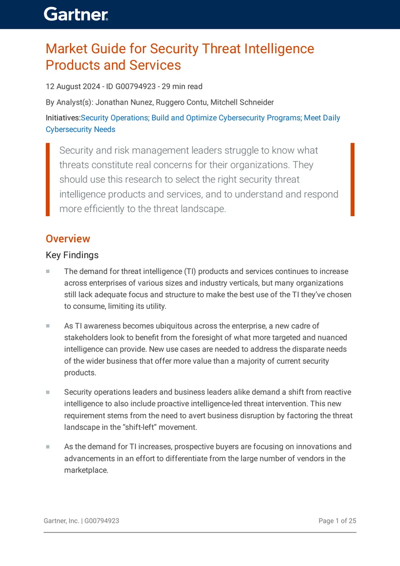 Market Guide for Security Threat Intelligence Products and Services
