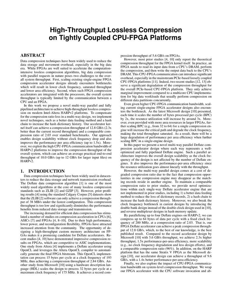 High-Throughput Lossless Compression on CPU-FPGA Platforms