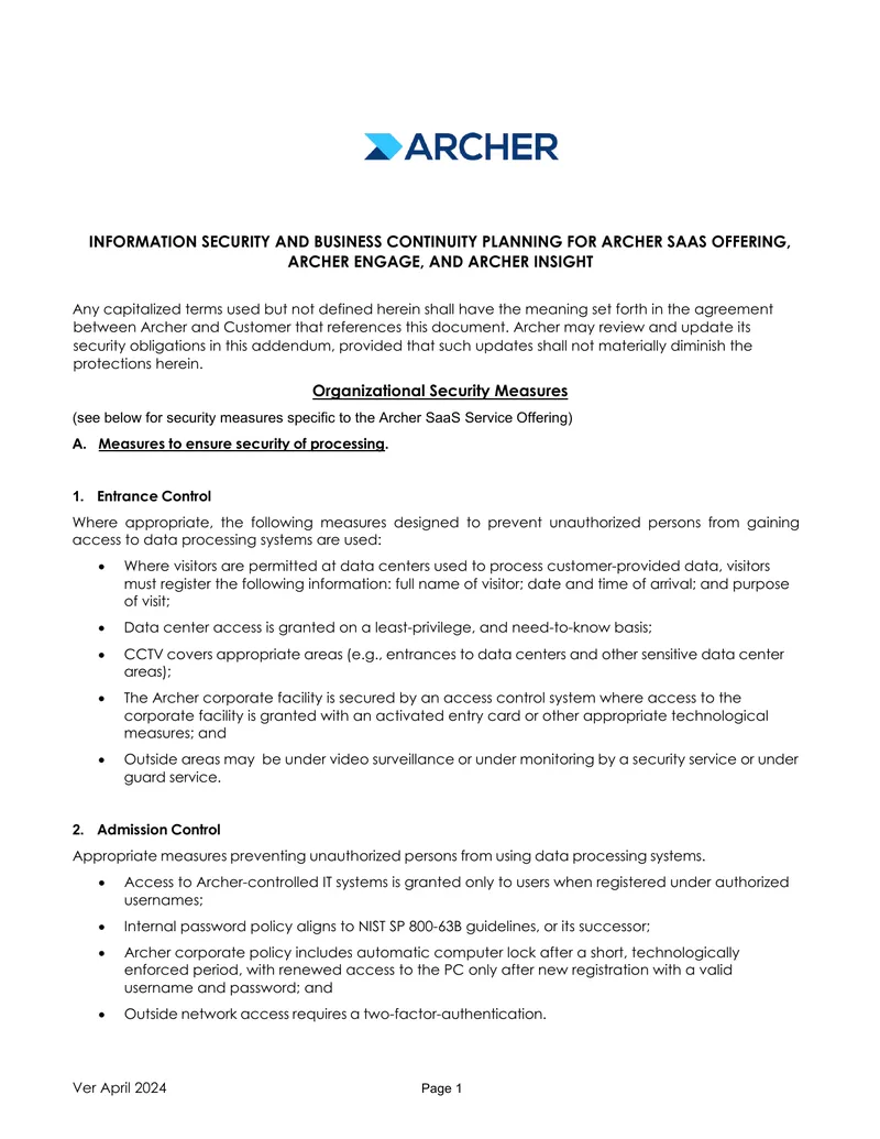 Information Security and Business Continuity Planning for Archer SaaS Offering