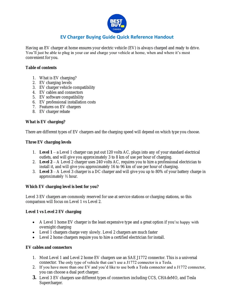 EV Charger Buying Guide Quick Reference Handout