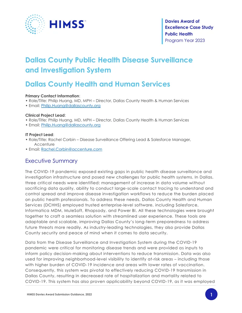 Dallas County Public Health Disease Surveillance System Case Study