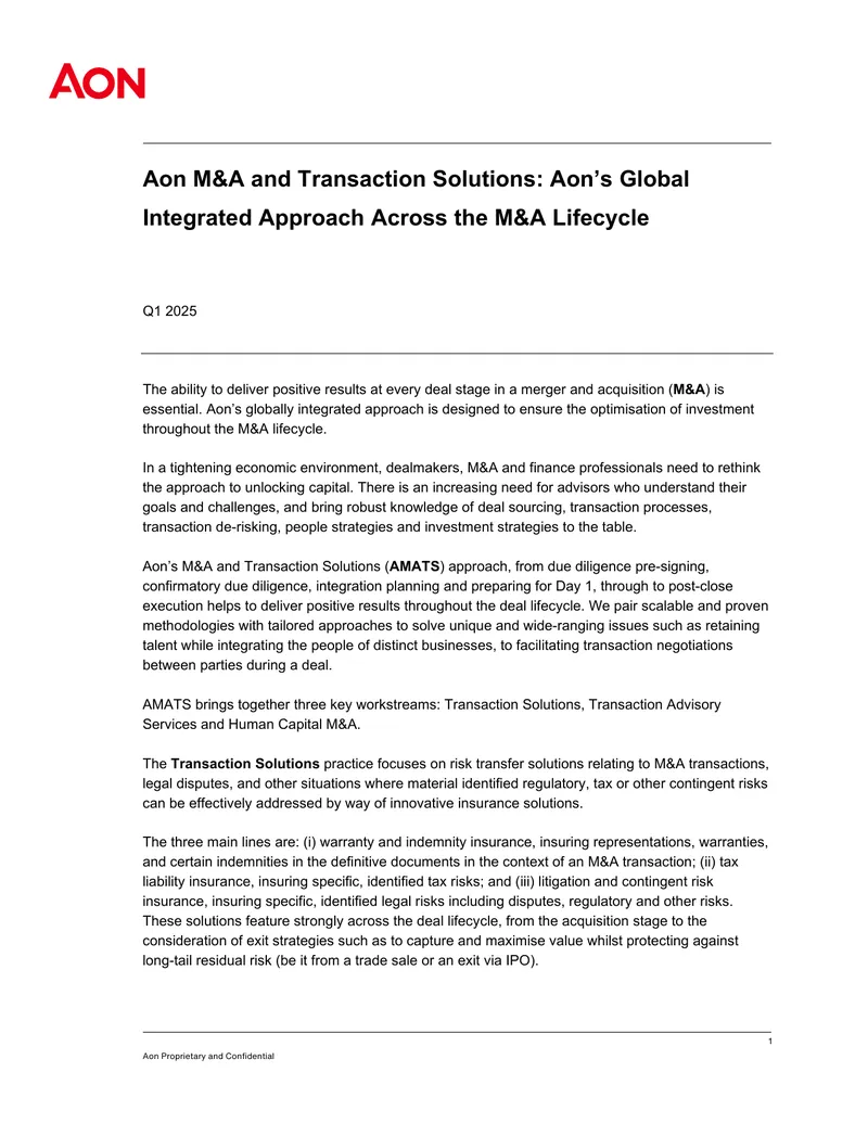 Aon M&A and Transaction Solutions Overview