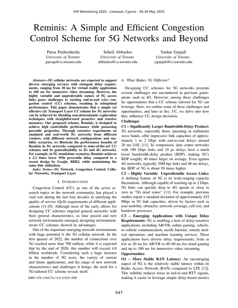 Reminis Congestion Control Scheme for 5G Networks