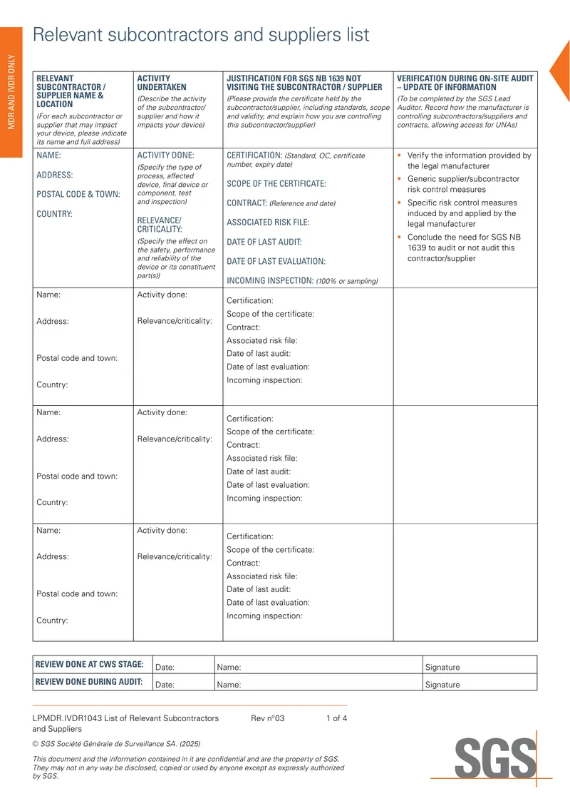 List of Relevant Subcontractors and Suppliers