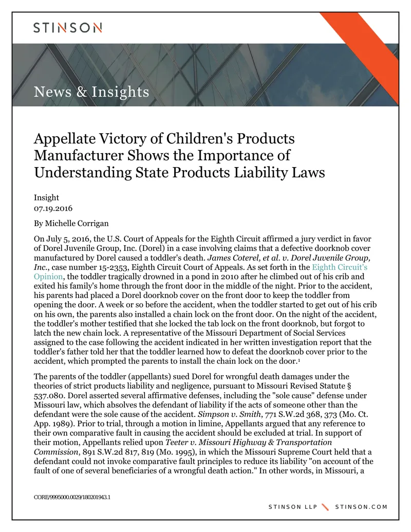 Appellate Victory in Children's Products Liability Case