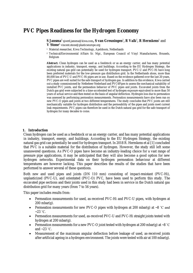 PVC Pipes Suitability for Hydrogen Transport